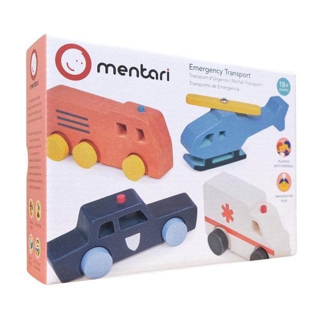 Mentari gelbėjimo tarnybų transportas – medinių mašinėlių rinkinys