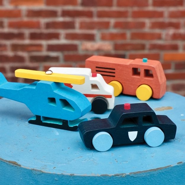 Mentari gelbėjimo tarnybų transportas – medinių mašinėlių rinkinys