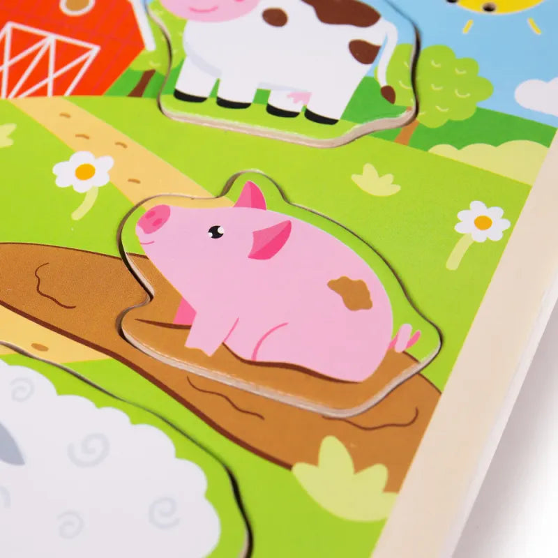 Bigjigs medinė dėlionė „Ūkis“ su garsais (6 el.) – garsinė dėlionė vaikams