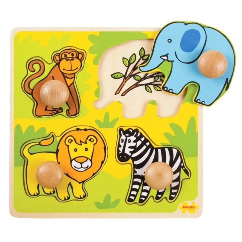 Bigjigs medinė formų dėlionė „Safaris“ (4 el.) – pirmoji dėlionė vaikams