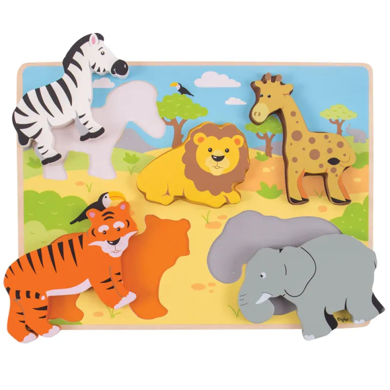 Bigjigs medinė formų dėlionė „Safaris“ (5 el.) – pirmoji dėlionė vaikams