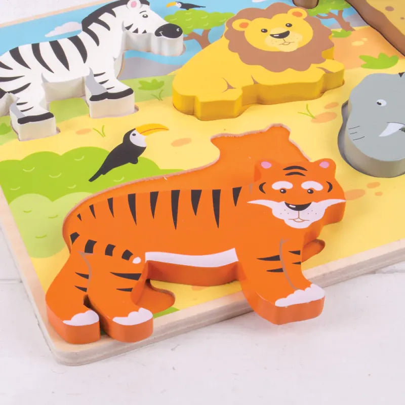 Bigjigs medinė formų dėlionė „Safaris“ (5 el.) – pirmoji dėlionė vaikams