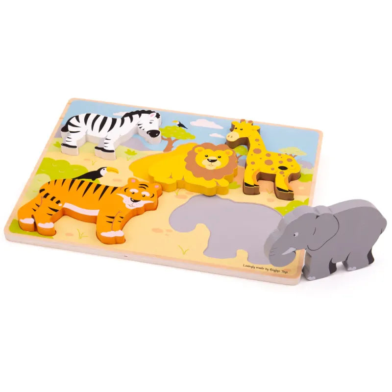 Bigjigs medinė formų dėlionė „Safaris“ (5 el.) – pirmoji dėlionė vaikams