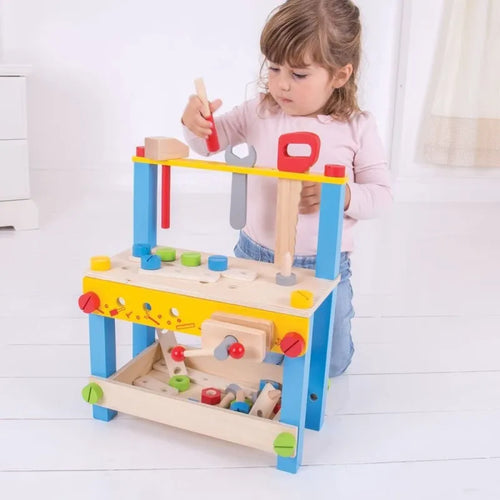 Bigjigs medinis vaikiškas meistro stalas (26 el.) – kūrybinis žaislas vaikams