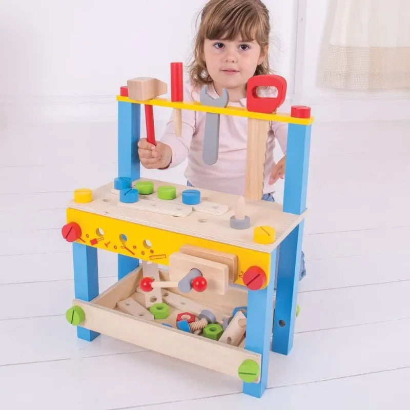 Bigjigs medinis vaikiškas meistro stalas (26 el.) – kūrybinis žaislas vaikams