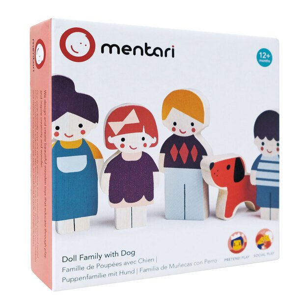 Mentari lėlių šeimynėlė su šuniuku – medinės lėlės lėlių nameliui